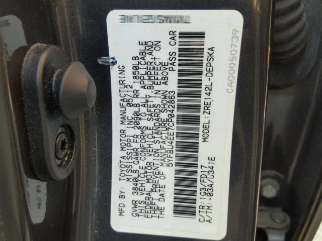 5YFBU4EE7CP042863 - 2012 TOYOTA COROLLA BA GRAY photo 10