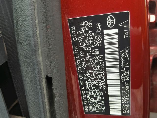 JTKKT624760160171 - 2006 TOYOTA SCION XA ბურგუნდია ფოტო 10