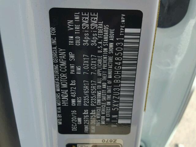 5XYZU3LB0HG485031 - 2017 HYUNDAI SANTA FE S 白色 照片 10