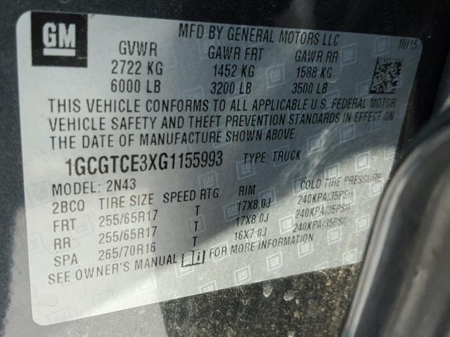 1GCGTCE3XG1155993 - 2016 CHEVROLET COLORADO L BLUE photo 10