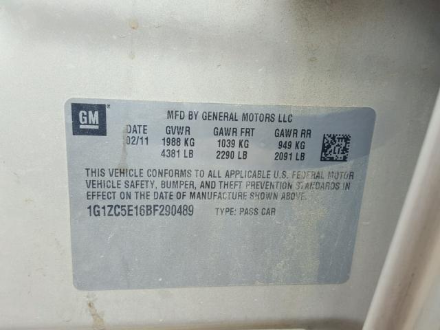 1G1ZC5E16BF290489 - 2011 CHEVROLET MALIBU 1LT ოქროსფერი ფოტო 10