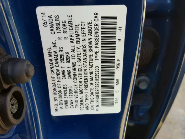 2HGFB2F82EH529290 - 2014 HONDA CIVIC EX ლურჯი ფოტო 10