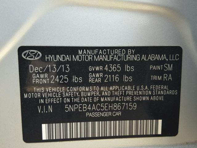 5NPEB4AC5EH867159 - 2014 HYUNDAI SONATA GLS SILVER photo 10