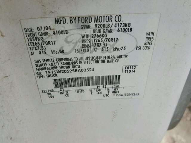 1FTSW20525EA03524 - 2005 FORD F250 WHITE photo 10