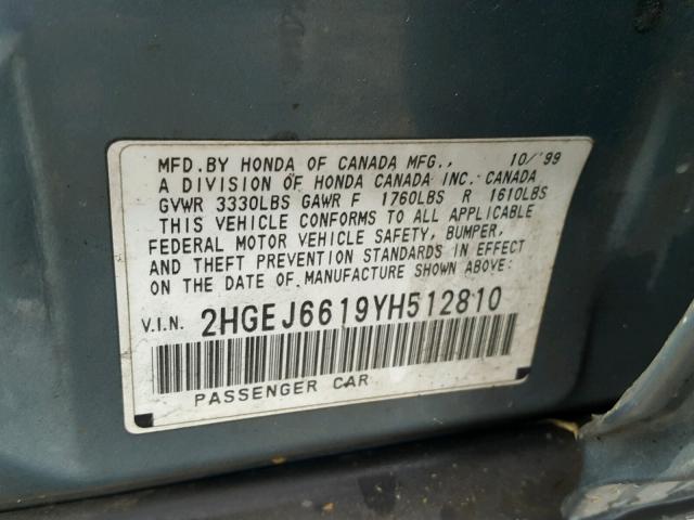 2HGEJ6619YH512810 - 2000 HONDA CIVIC BASE 青色 照片 10