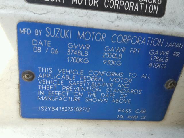 JS2YB413275102772 - 2007 SUZUKI SX4 WHITE photo 10