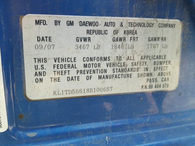 KL1TD56618B100657 - 2008 CHEVROLET AVEO BASE Көк фото 10