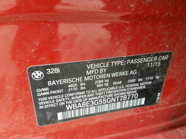 WBA8E3G55GNT78770 - 2016 BMW 328 XI SUL RED photo 10