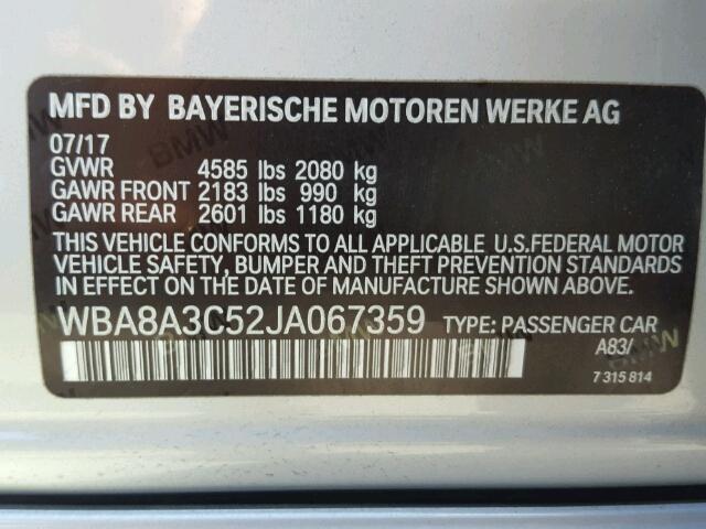 WBA8A3C52JA067359 - 2018 BMW 320 XI SILVER photo 10