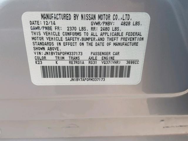 JN1BV7AP0FM337173 - 2015 INFINITI Q50 BASE SILVER photo 10