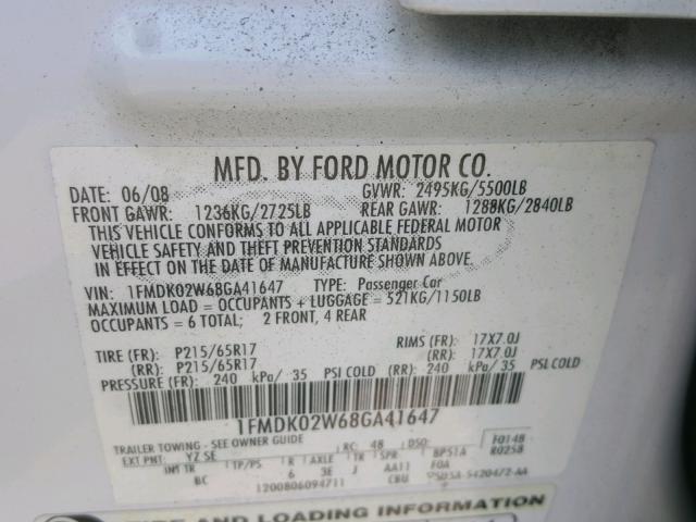 1FMDK02W68GA41647 - 2008 FORD TAURUS X S WHITE photo 10