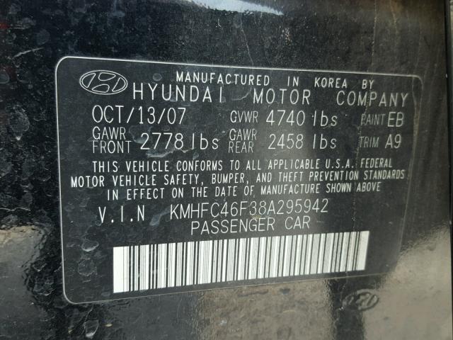 KMHFC46F38A295942 - 2008 HYUNDAI AZERA SE BLACK photo 10