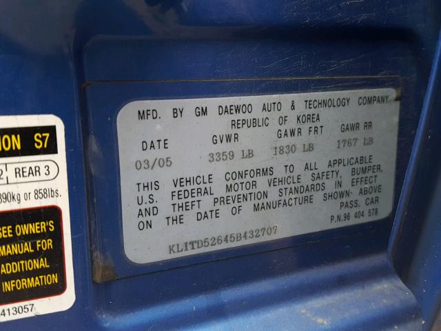 KL1TD52645B432707 - 2005 CHEVROLET AVEO BASE Көк фото 10