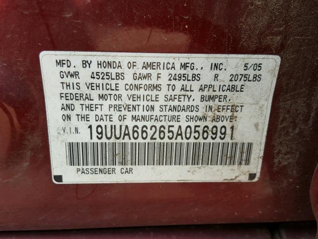 19UUA66265A056991 - 2005 ACURA TL BURGUNDY photo 10