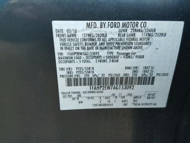 1FAHP2EW7AG153092 - 2010 FORD TAURUS BLUE photo 10