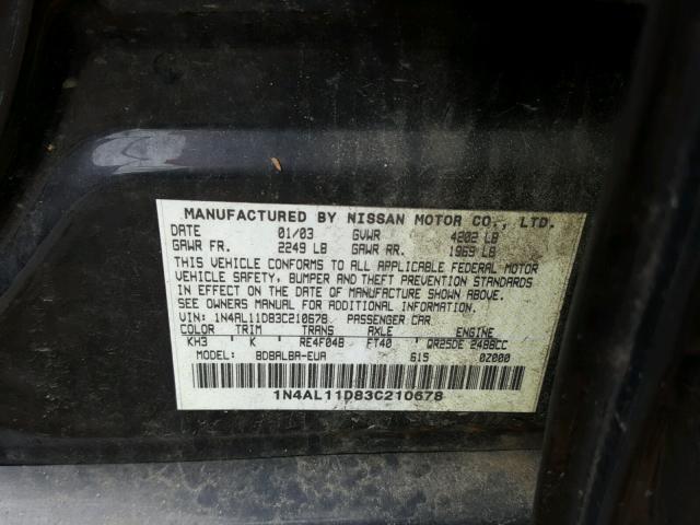 1N4AL11D83C210678 - 2003 NISSAN ALTIMA BAS BLACK photo 10