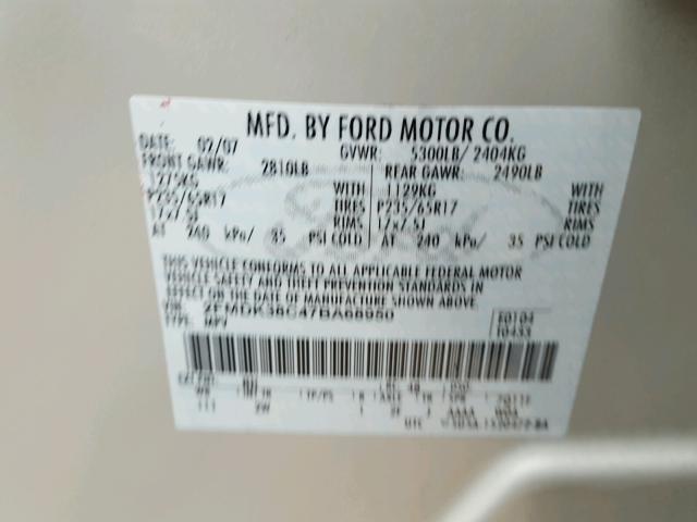 2FMDK38C47BA68950 - 2007 FORD EDGE SEL SILVER photo 10