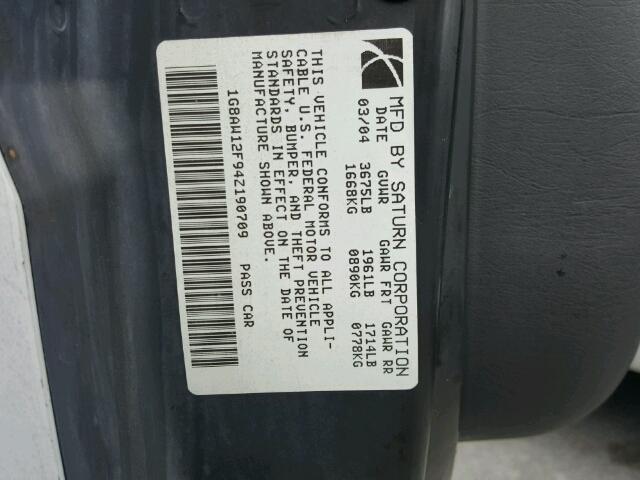 1G8AW12F94Z190709 - 2004 SATURN ION LEVEL 白色 照片 10