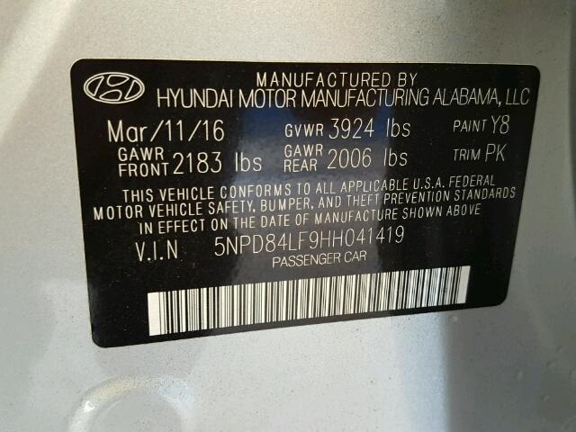 5NPD84LF9HH041419 - 2017 HYUNDAI ELANTRA SE SILVER photo 10