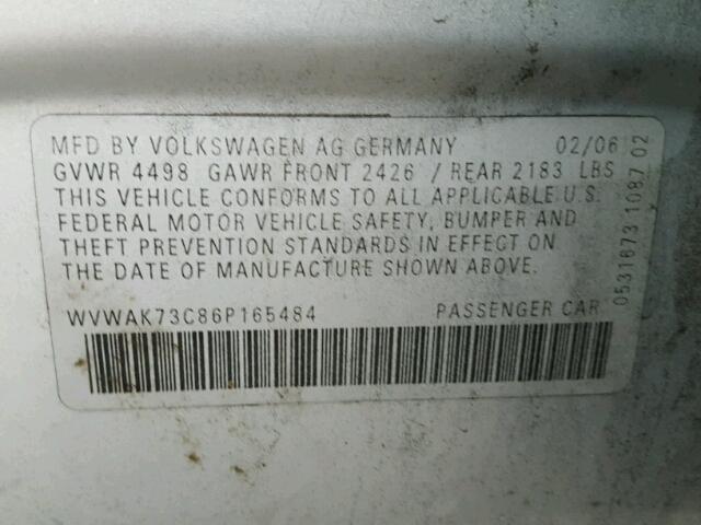 WVWAK73C86P165484 - 2006 VOLKSWAGEN PASSAT 2.0 SILVER photo 10