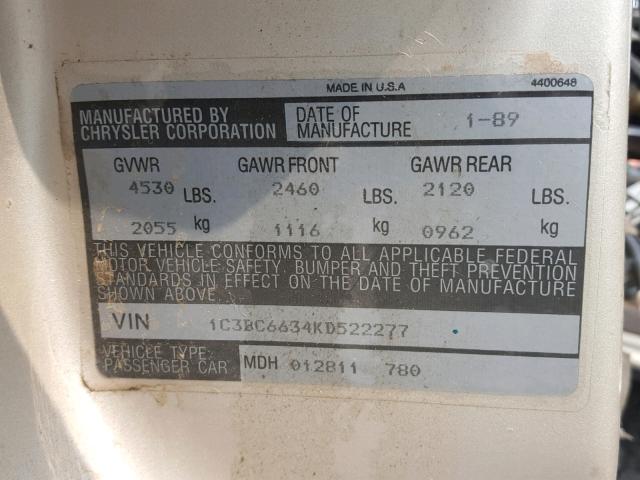 1C3BC6634KD522277 - 1989 CHRYSLER NEW YORKER 金色 照片 10