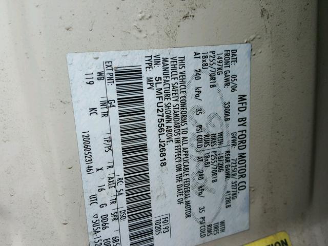 5LMFU27556LJ26818 - 2006 LINCOLN NAVIGATOR 奶油色 照片 10