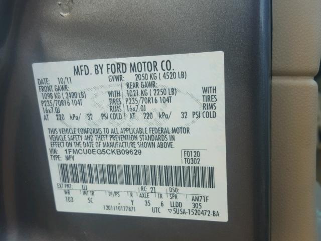 1FMCU0EG5CKB09629 - 2012 FORD ESCAPE LIM GRAY photo 10