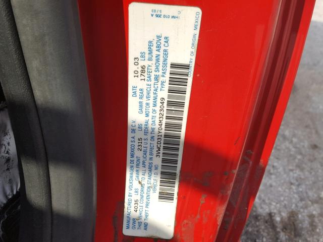 3VWCD31Y04M323049 - 2004 VOLKSWAGEN NEW BEETLE 红色 照片 10