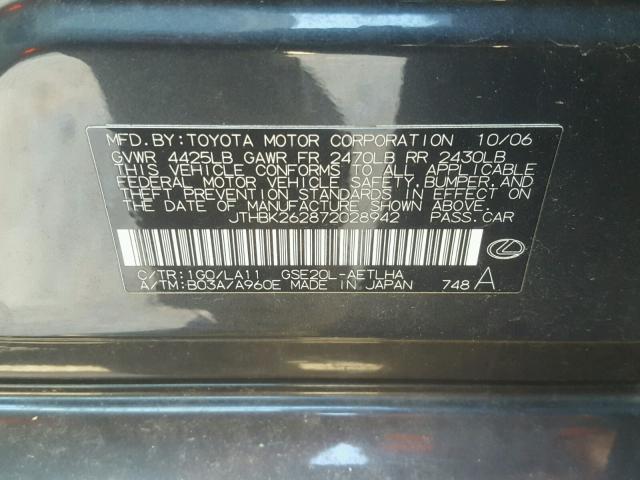 JTHBK262872028942 - 2007 LEXUS IS BLACK photo 10