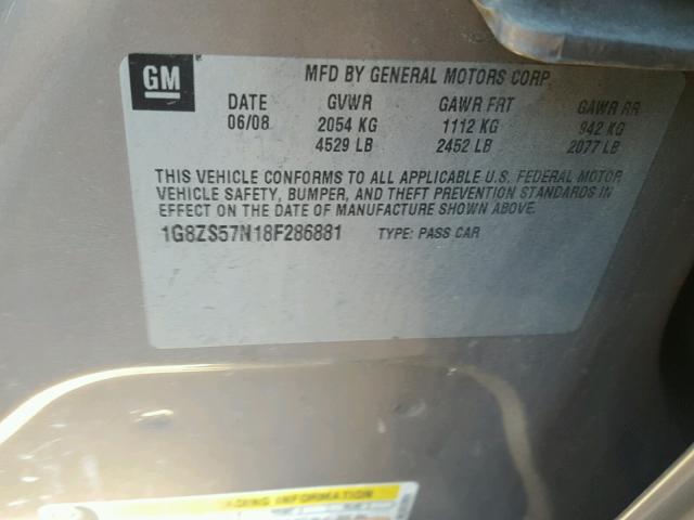 1G8ZS57N18F286881 - 2008 SATURN AURA XE BEIGE photo 10