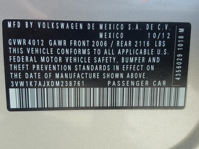 3VW1K7AJXDM238761 - 2013 VOLKSWAGEN JETTA BASE Ոսկեգույն լուսանկար 10