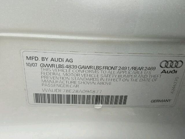 WAUDF78E28A094877 - 2008 AUDI A4 SILVER photo 10