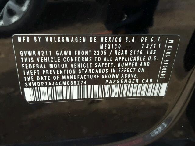 3VWDP7AJ4CM085274 - 2012 VOLKSWAGEN JETTA BLACK photo 10