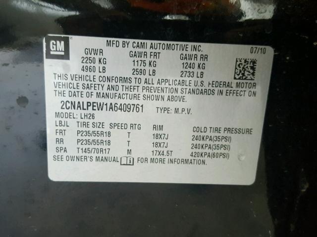 2CNALPEW1A6409761 - 2010 CHEVROLET EQUINOX BLACK photo 10