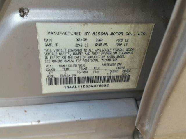 1N4AL11D55N476652 - 2005 NISSAN ALTIMA GRAY photo 10