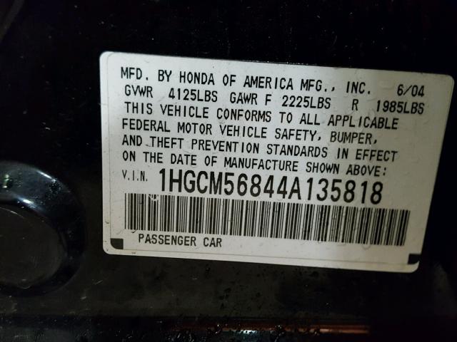 1HGCM56844A135818 - 2004 HONDA ACCORD BLACK photo 10