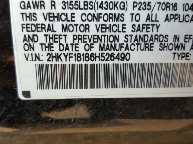 2HKYF18186H526490 - 2006 HONDA PILOT LX BLACK photo 10