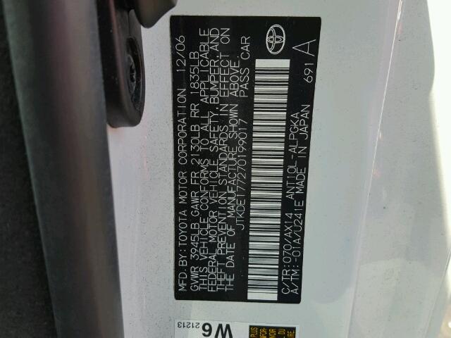 JTKDE177270199017 - 2007 TOYOTA SCION TC 白色 照片 10