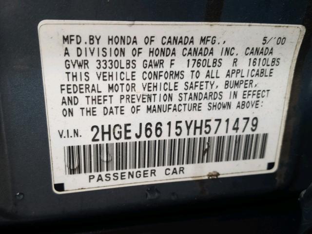 2HGEJ6615YH571479 - 2000 HONDA CIVIC BASE Mavi foto 10