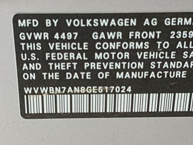 WVWBN7AN8GE517024 - 2016 VOLKSWAGEN CC BASE SILVER photo 10