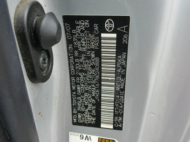 JTKDE167780240888 - 2008 TOYOTA SCION TC 银色 照片 10