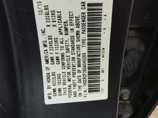 1HGCR2F36GA045269 - 2016 HONDA ACCORD GRAY photo 10