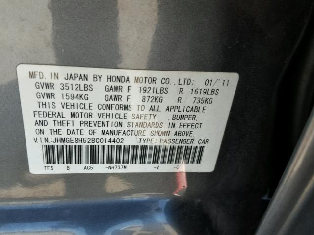 JHMGE8H52BC014402 - 2011 HONDA FIT SPORT GRAY photo 10