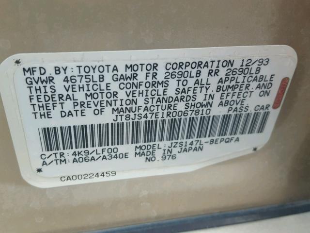 JT8JS47E1R0067810 - 1994 LEXUS GS 金色 照片 10