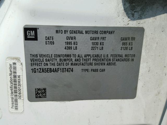 1G1ZA5EB4AF107474 - 2010 CHEVROLET MALIBU LS თეთრი ფოტო 10