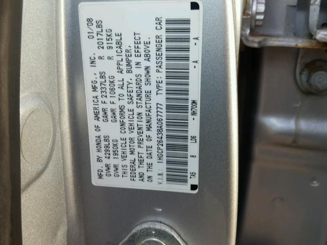 1HGCP26438A067777 - 2008 HONDA ACCORD LXP SILVER photo 10