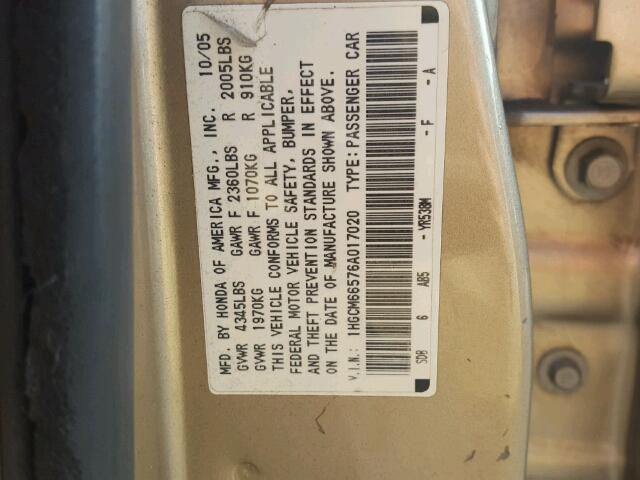 1HGCM66576A017020 - 2006 HONDA ACCORD EX GOLD photo 10