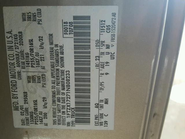 1FTZX17271NB08233 - 2001 FORD F150 Dorado foto 9