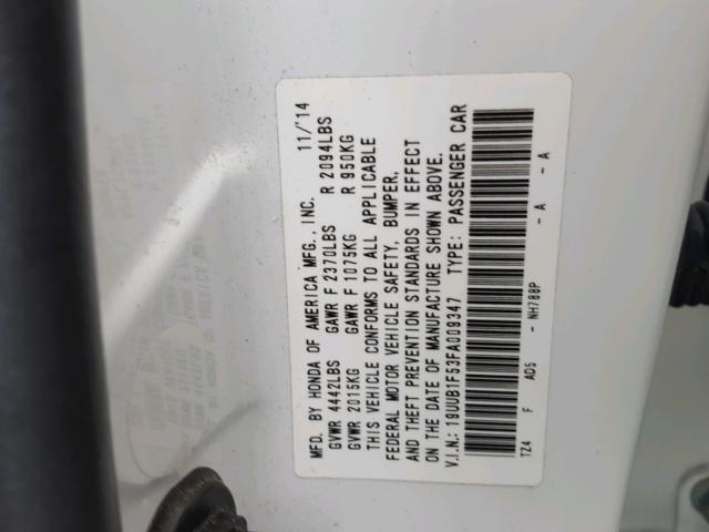 19UUB1F53FA009347 - 2015 ACURA TLX TECH თეთრი ფოტო 10