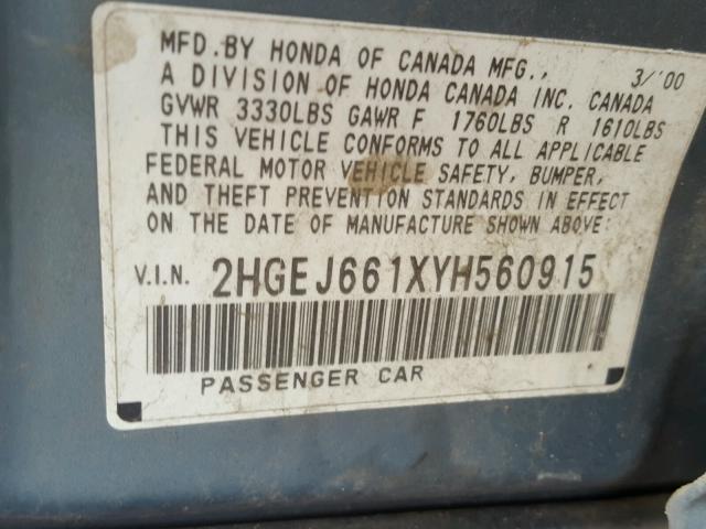 2HGEJ661XYH560915 - 2000 HONDA CIVIC BASE BLUE photo 10